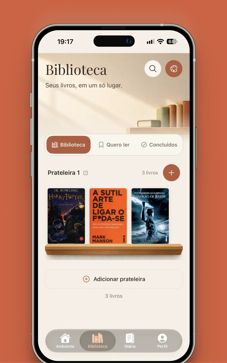Biblioteca do Nookly com capas e organização por status de leitura